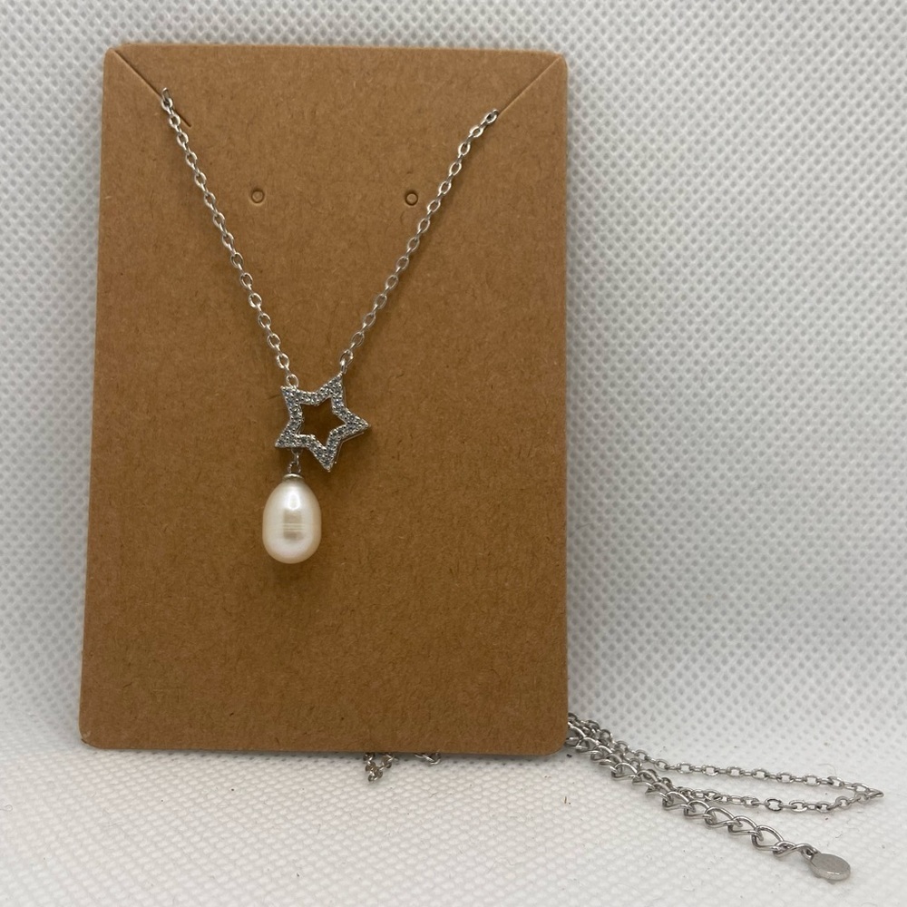 Adjustable Silver Star Pendant Necklace with Pearl Drop - Picture 2 of 4